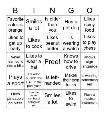 Get to Know You Bingo Card