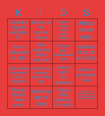 Life Time Kids/Swim Bingo Card