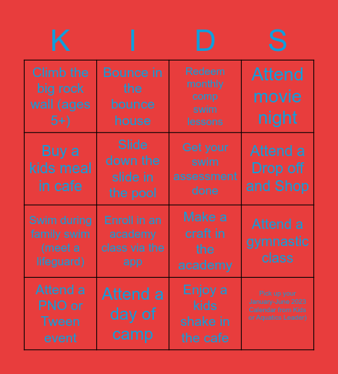 Life Time Kids/Swim Bingo Card