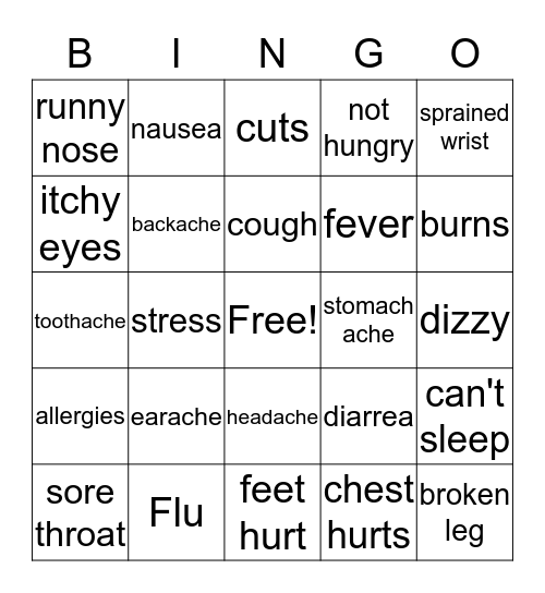 Symptoms Bingo Card