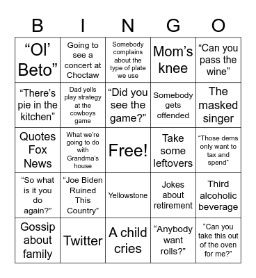Walker Thanksgiving Bingo Card
