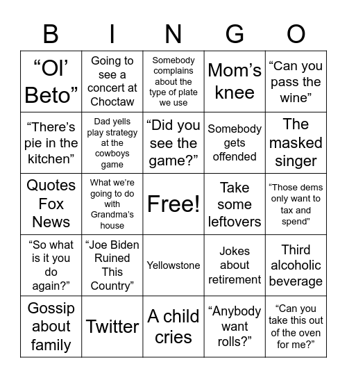 Walker Thanksgiving Bingo Card