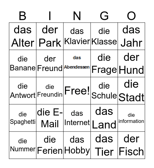 German Nomens Bingo Card
