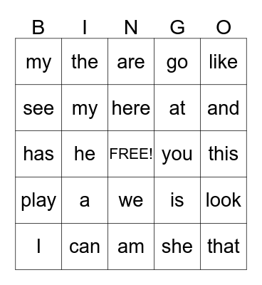 Sight Words Bingo Card