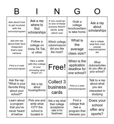 HHS College Fair BINGO Card