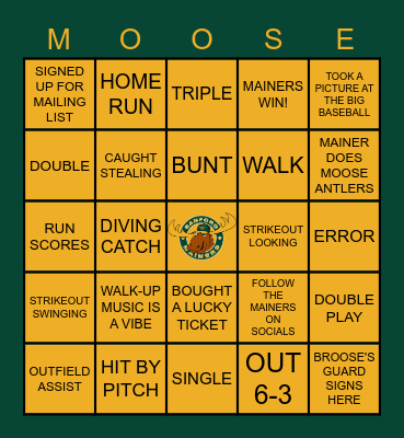 MAINERS BASEBALL BINGO Card