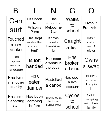Year 10 Outdoor Education - People Bingo Card