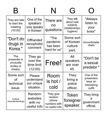 Foreign Teacher Meeting Bingo Card