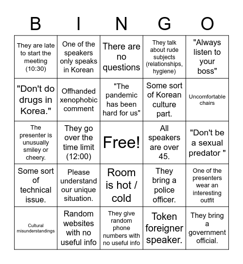 Foreign Teacher Meeting Bingo Card