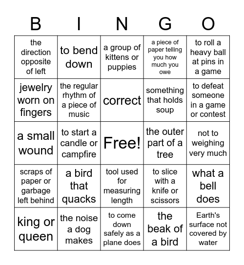 Multiple Meaning Words Bingo Card