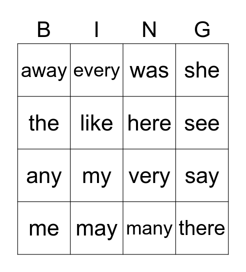 Sightwords Bingo Card