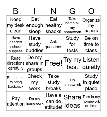 STUDY SKILLS  Bingo Card