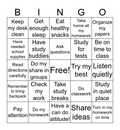 STUDY SKILLS  Bingo Card