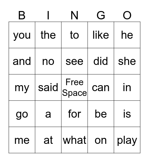 Sight Words-Bingo Game 1  Bingo Card