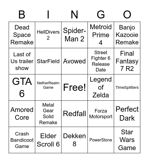 Video Game Awards Bingo Card