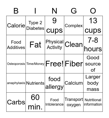 Nutrition  Bingo Card