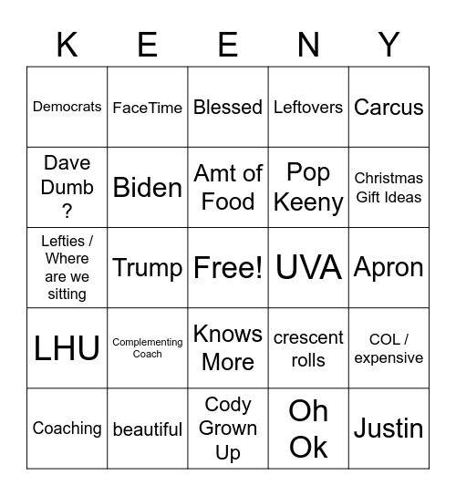 Family Bingo Card