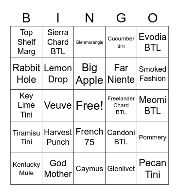 Liquor Bingo Card