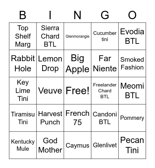 Liquor Bingo Card