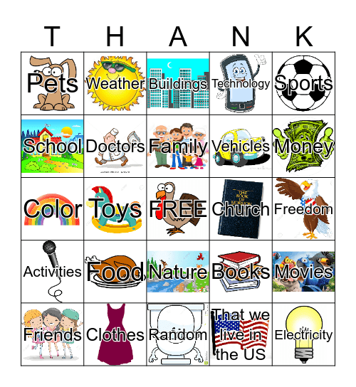 I am thankful for: Bingo Card
