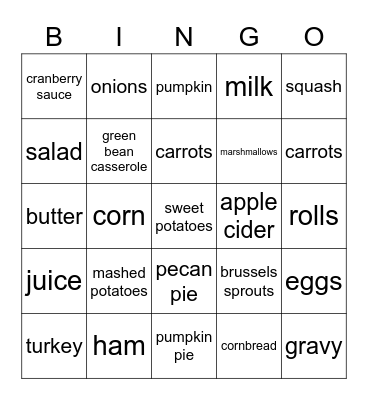 Thanksgiving Food Bingo Card