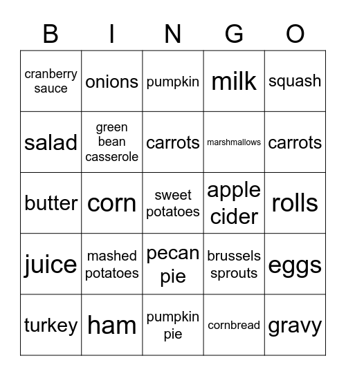 Thanksgiving Food Bingo Card