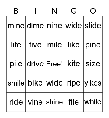 Long "i" Bingo Card