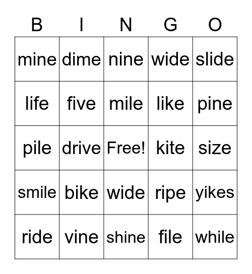 Long "i" Bingo Card