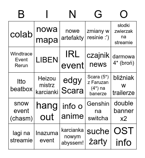 Genshin Livestream 3.3 BINGO! Bingo Card