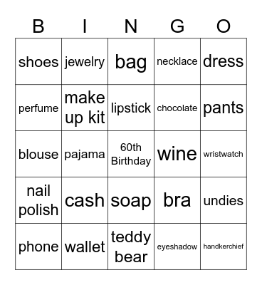 60th Birthday Celebration Bingo Card