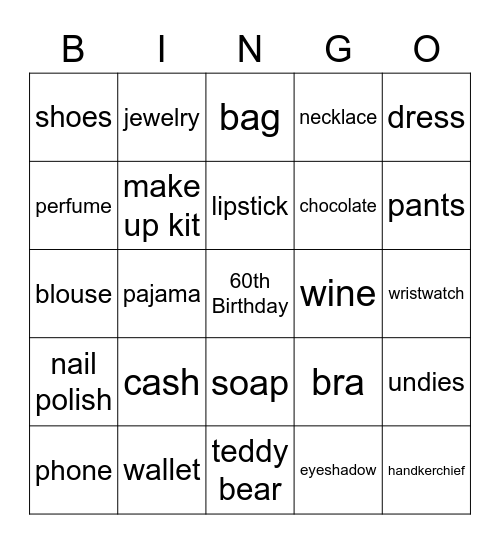 60th Birthday Celebration Bingo Card