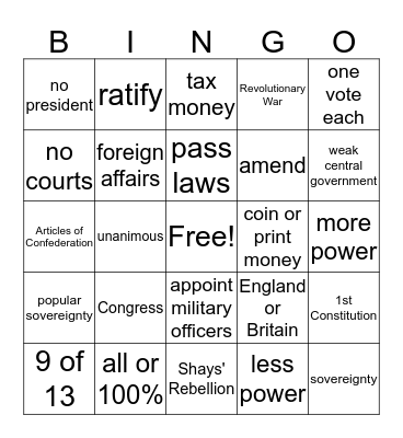 Articles of Confederation Bingo Card