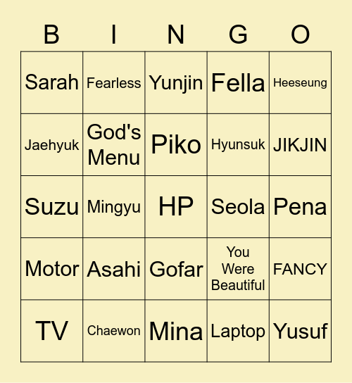 Wonpil's Bingo Card