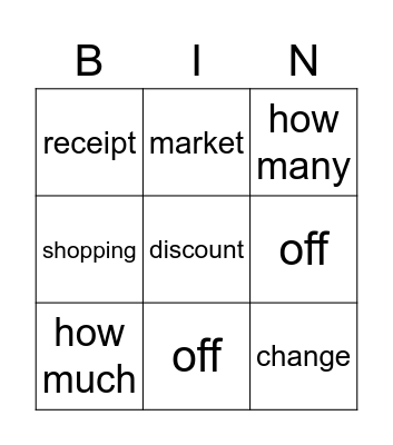 Shopping Vocabulary Bingo Card