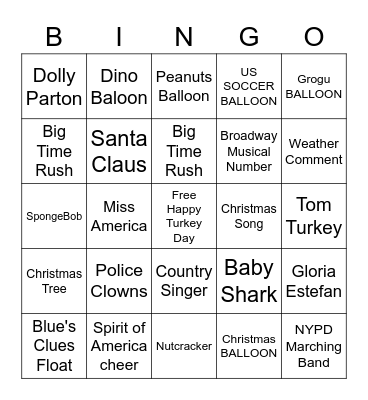 Macy's Thanksgiving Day Parade Bingo Card