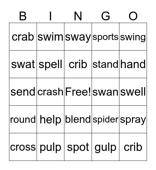 consonant blends nd, sw, cr, sp,lp  Bingo Card