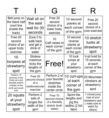 White Tiger Exercise Bingo Card