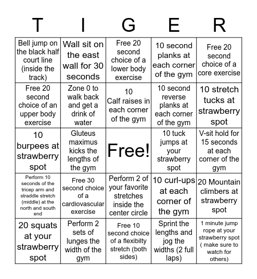White Tiger Exercise Bingo Card