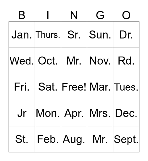 Abbreviation Bingo Card