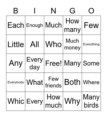 Questions word/quantifiers Bingo Card