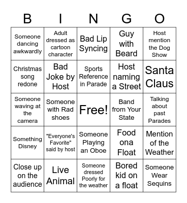 Thanksgiving Day Parade Bingo Card
