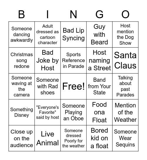 Thanksgiving Day Parade Bingo Card