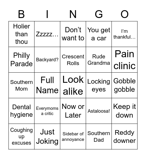 Thanksgiving 2022 Bingo Card