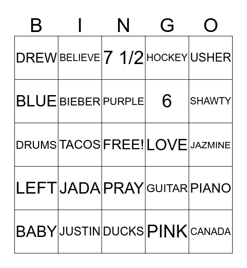 Bieber Bingo Card