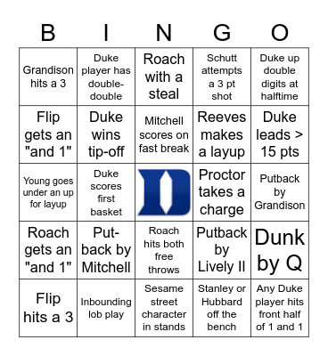 Duke Basketball Bingo Card