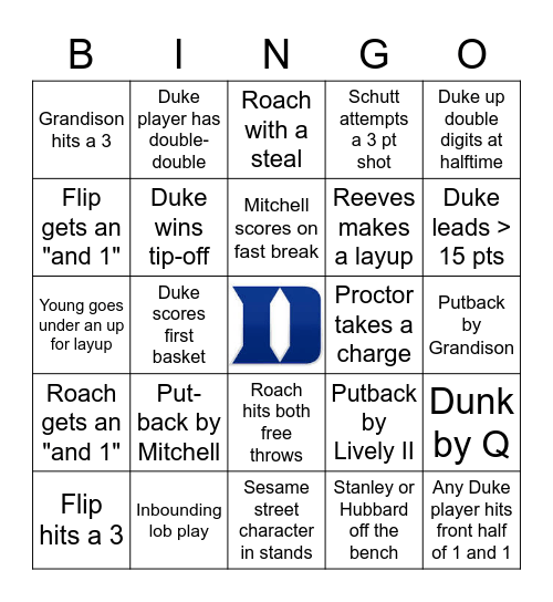 Duke Basketball Bingo Card