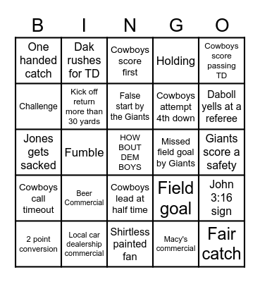 THANKSGIVING 2022 - COWBOYS v GIANTS Bingo Card