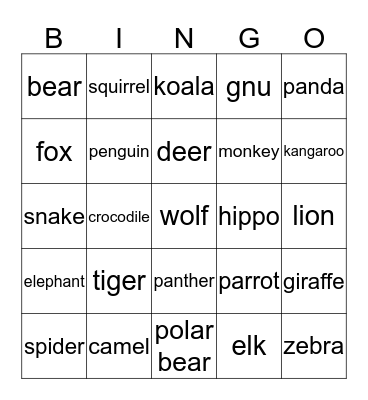 Zoo animals. Bingo Card