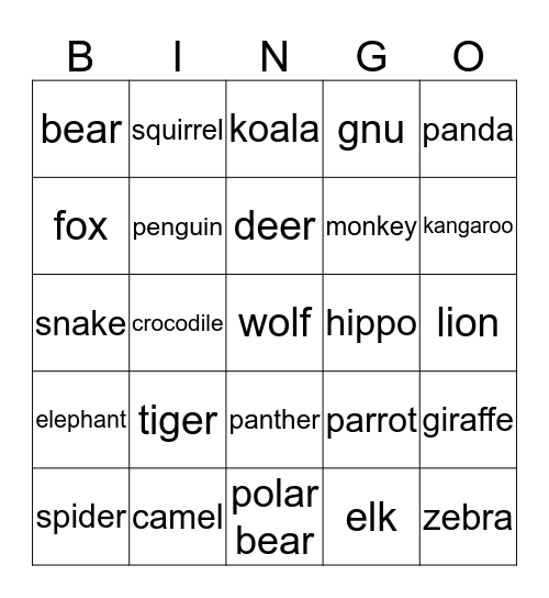 Zoo animals. Bingo Card