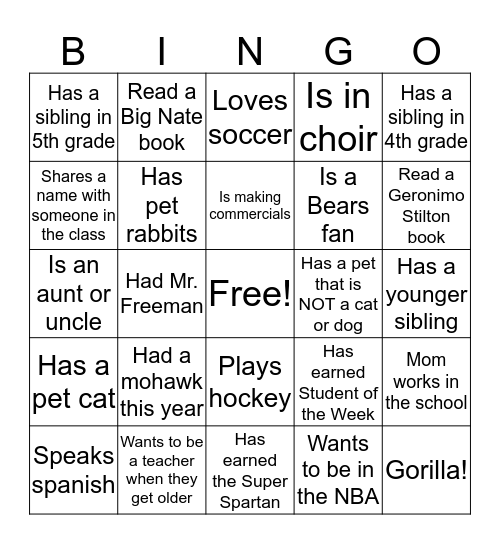 Classroom Bingo! Bingo Card